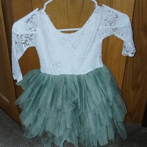 Elegant White and Green Kids Costume Dress